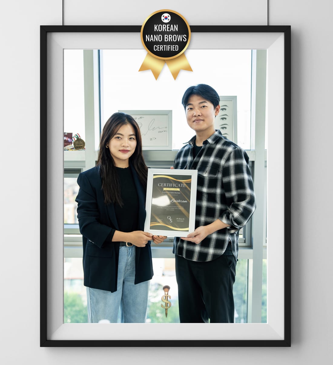 Suchitra Laishram Kim receiving her Korean Nano Brows certification in Korea — a Certificate of Completion in Nano Hairstroke.